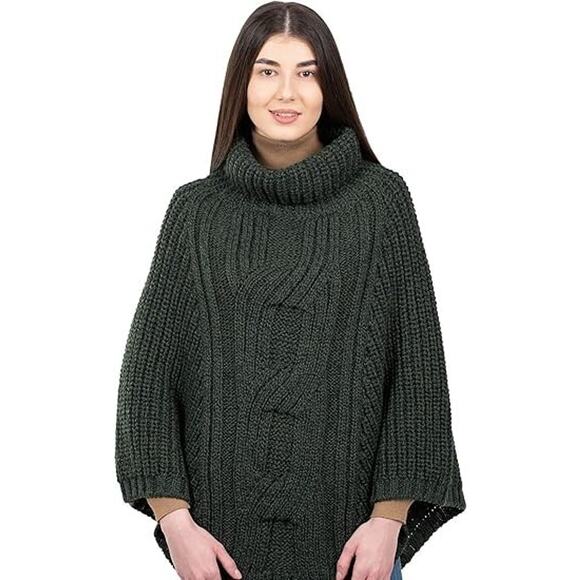 Saol Sweaters - SAOL Cable Knit Poncho Cape Merino Wool Irish Sweater Turtle Neck Army Green OS